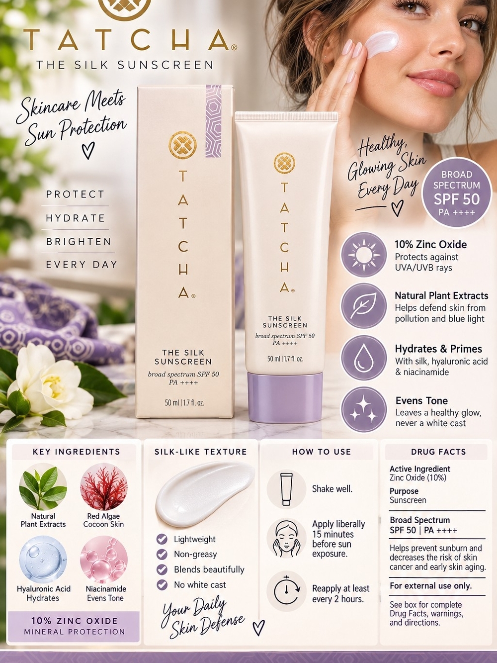 Tatcha Silk Sunscreen SPF 50 — Lavender-Tinted Cream